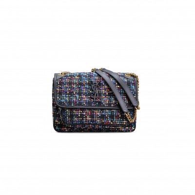 YSL SOLFERINO MEDIUM SATCHEL WOVEN WOOL SHOULDER BAG IN NERO&MULTICOLOR 6331581224941 (28*20*8.5cm)